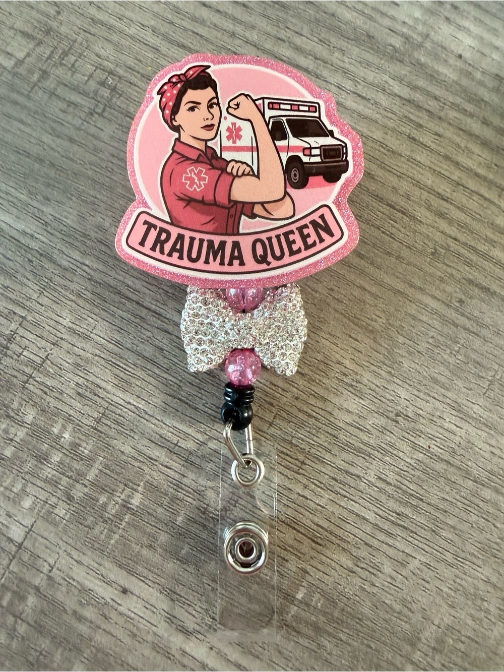 Pink Trauma Queen Badge Reel with Rhinestone Bow
